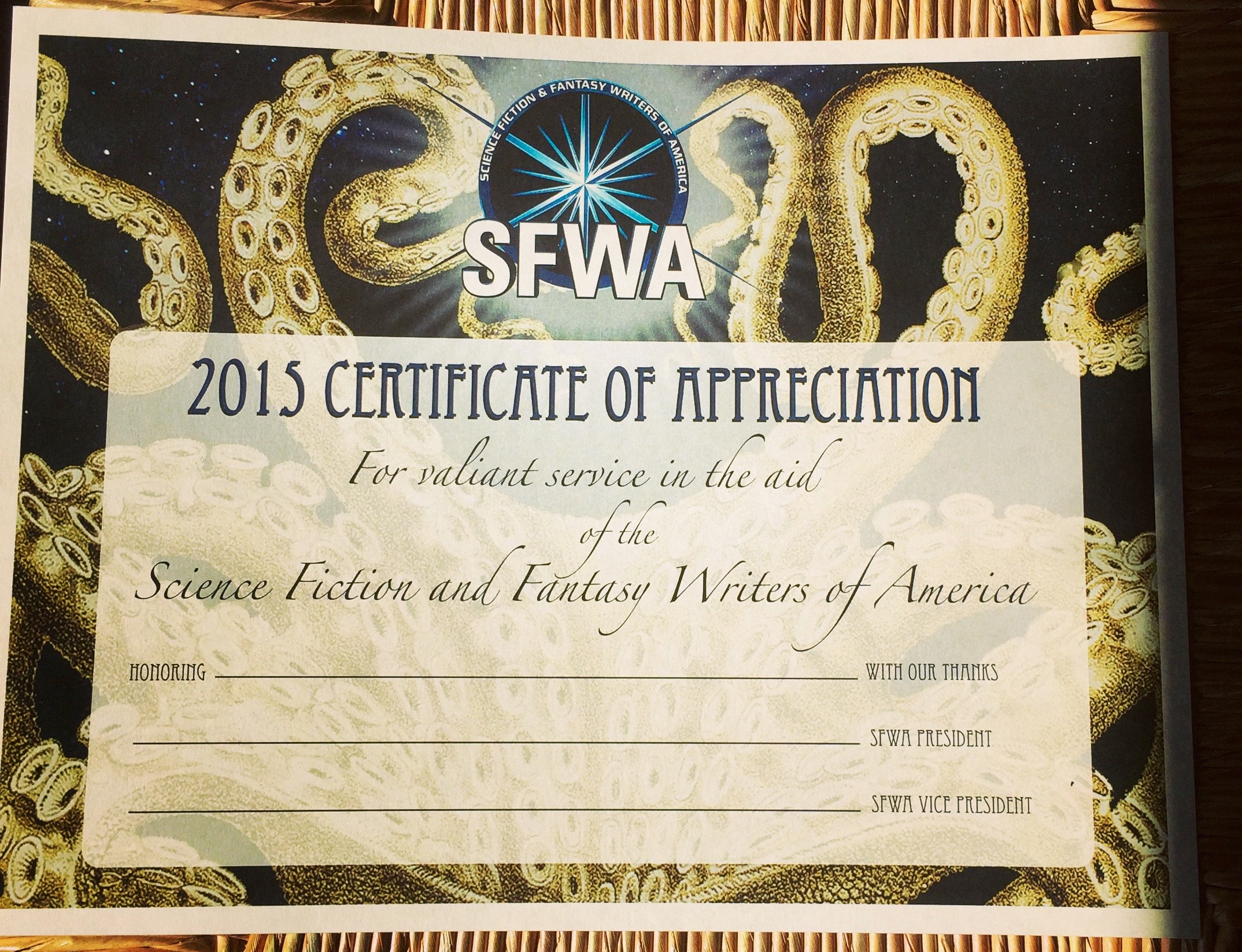 The 2015 SFWA Volunteer Appreciation certificate, created by Heather McDougal.