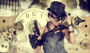 picture of steampunk woman against a clock