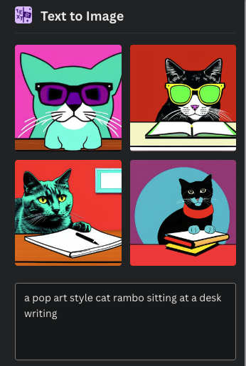 Four images generated on Canva's AI art tool, using the phrase "a pop art style cat rambo sitting at a desk writing"